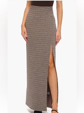 Striped Side-Slit Maxi Skirt in Brown and Cream